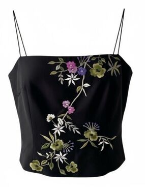 Carlisle Black Floral Embroidered Sleeveless Silk Camisole Top Size 0